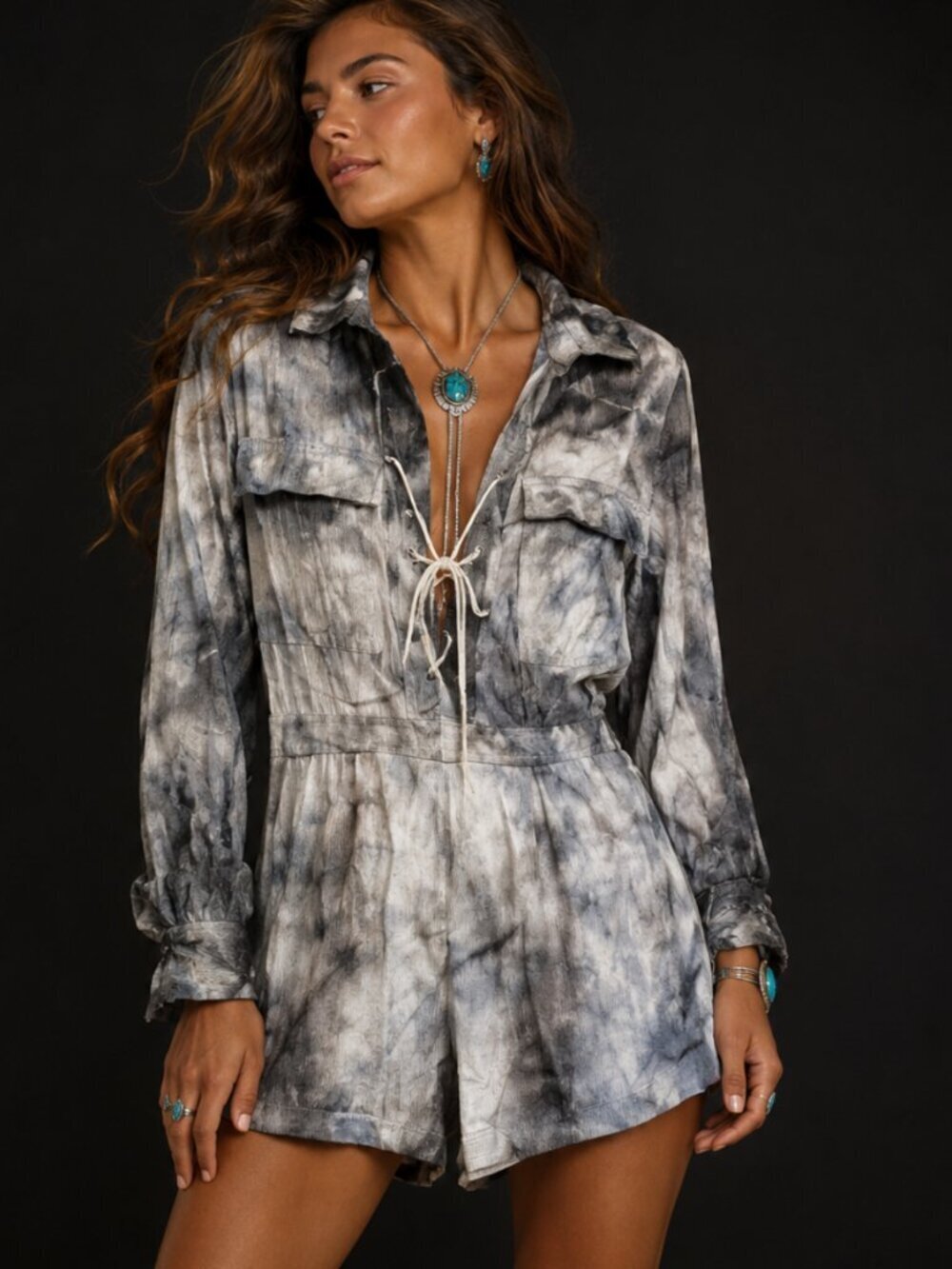 Topshop Romper Short Jumper Off-White Lace Up Club Size 6 Tie Dye Black